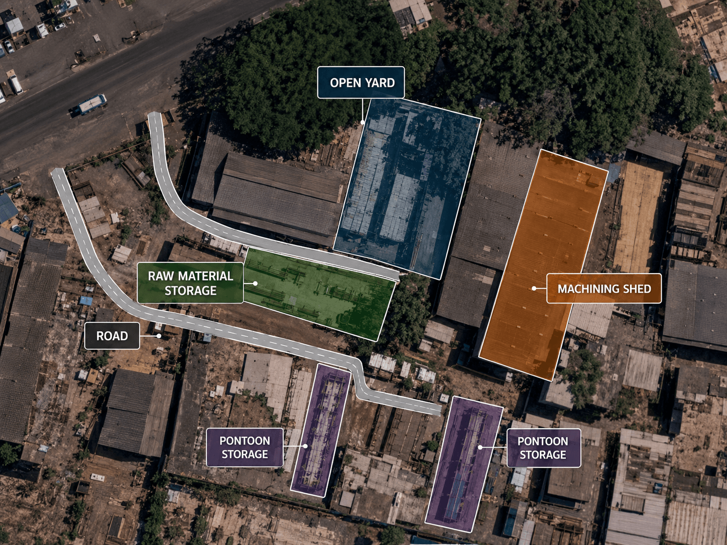 Annotated aerial plan of SAR Engineering Works Plot 57/A at Hay Bunder Road