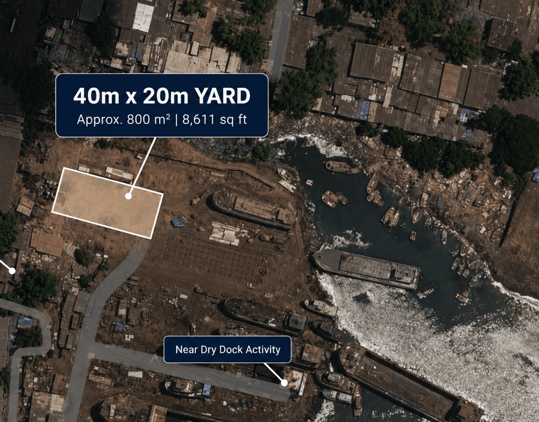 Annotated aerial plan of SAR Engineering Works Plot 8 at Powder Bunder