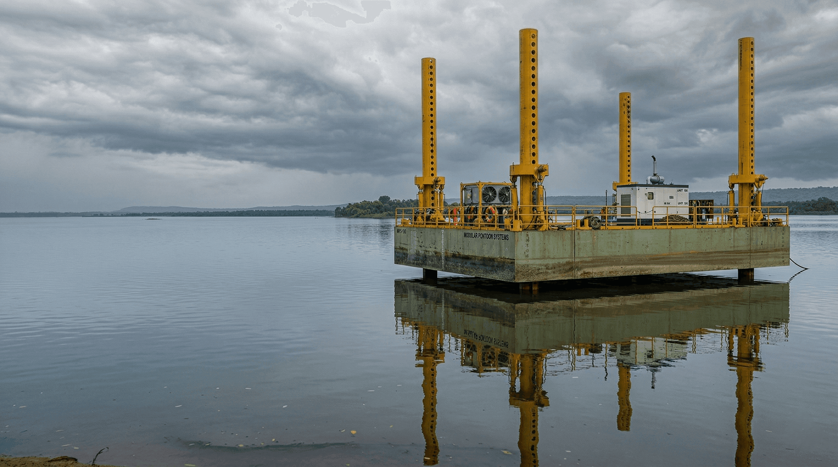 A modular pontoon work platform afloat, with its spud legs raised