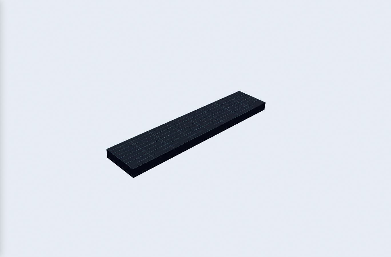 M-Barge 48×10, exact renderer preview; 48 by 10 metre envelope