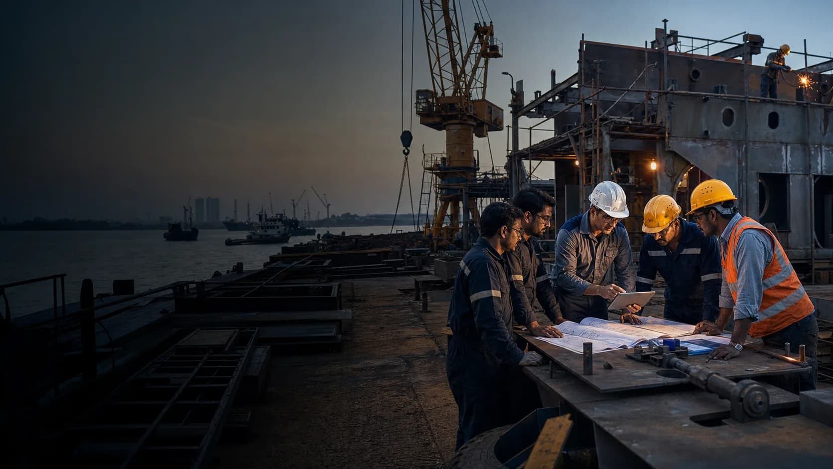 SAR engineers and technicians reviewing marine fabrication plans at a waterfront yard